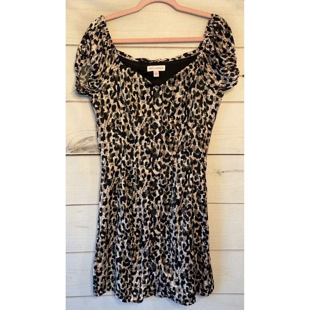 Red Carter Leopard Print Button Front Puff Sleeve Mini Dress Tan Black Grey M